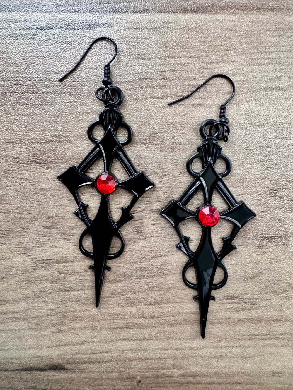 3” Black Gothic Cross Drop Earrings with Red Crystal Accent